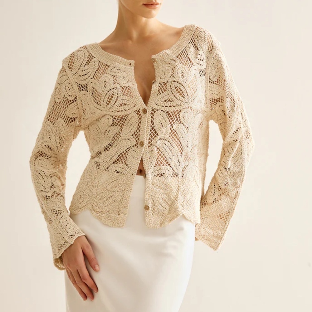 Unbranded Crochet Cardigan Women’s Med Cream Long Sleeves Boho Cottagecore Beach